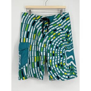 Fox Head Mens Board Shorts Sz 34 Teal Geometric Print Cargo Pocket Swim Trunks